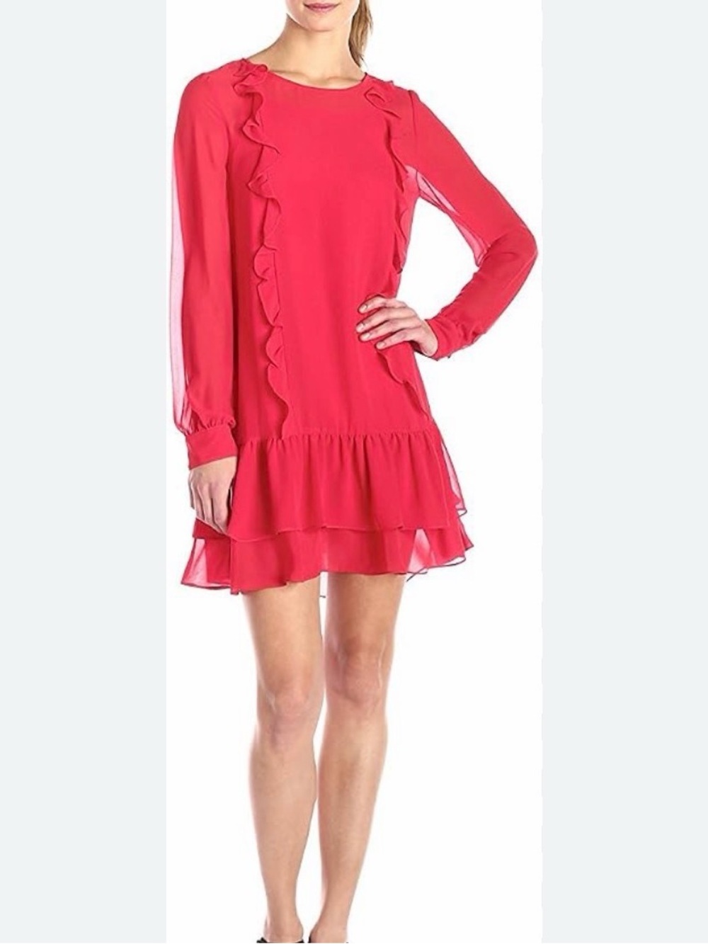 BCBGeneration Red Ruffle-Trim Long Sleeve Dress